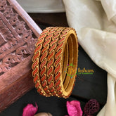 Thin Silk Thread Kundan Bangle-Orange Waves-G4939